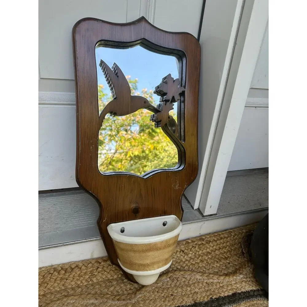 Vintage Wood Wall Caddy Mirror plant holder hummingbird hang retro boho